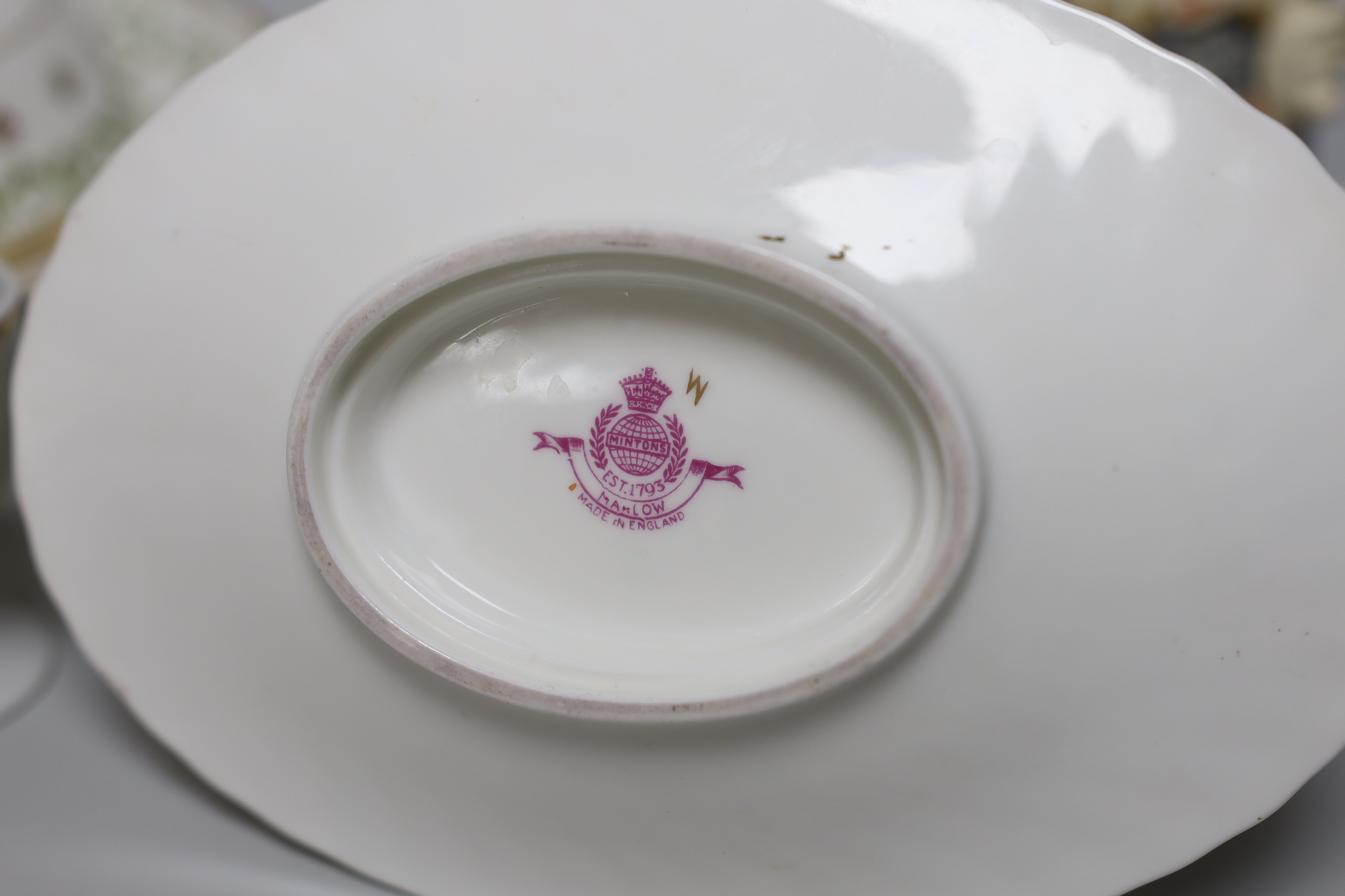 A Laura Knight Burleigh Ware mug and other mixed ceramics to include a Minton sauceboat, Crescent China dish and cover, a pair of Herend style vases and covers and three ‘cat’ decorated egg cups, tallest 14cm
